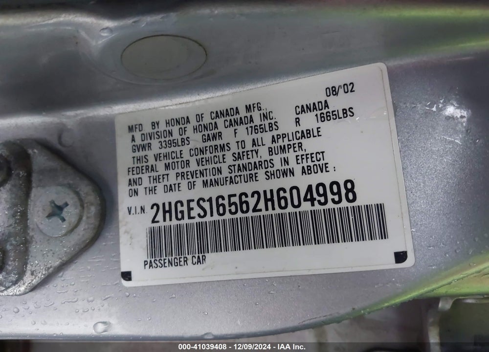 2002 HONDA CIVIC LX VIN: 2HGES16562H604998