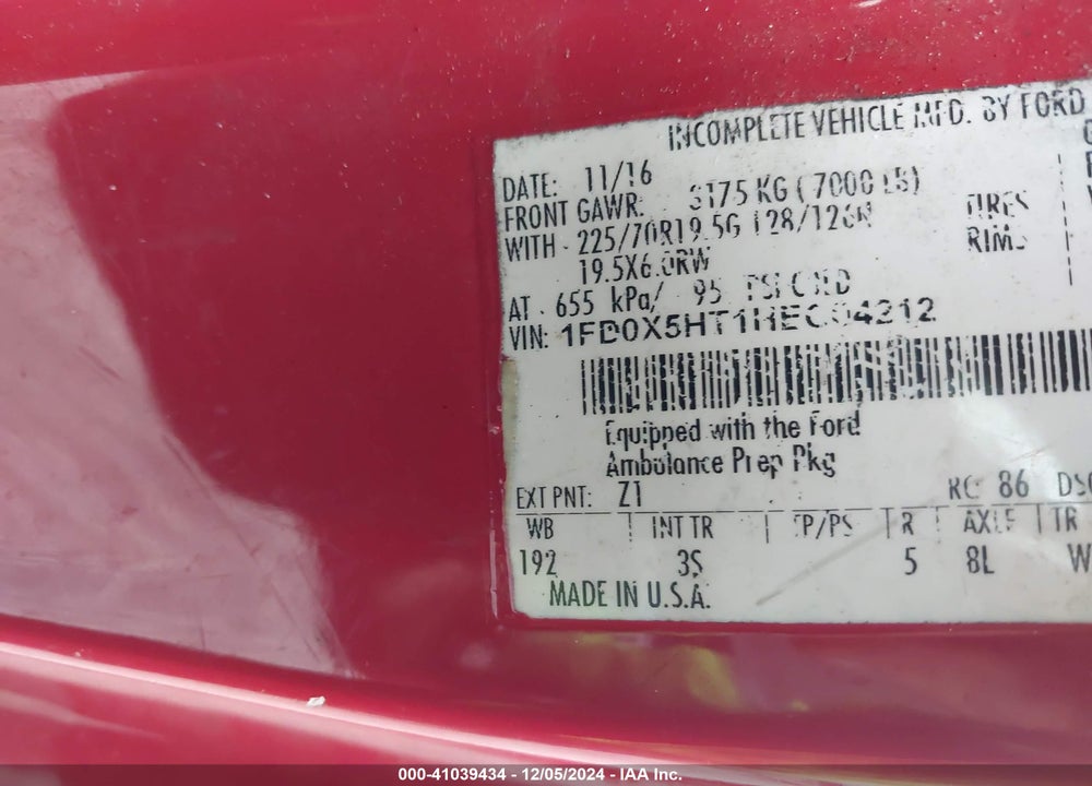 2017 FORD F-550 CHASSIS XLT VIN: 1FD0X5HT1HEC04212