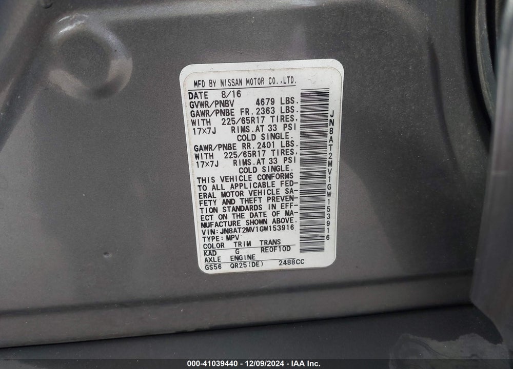 2016 NISSAN ROGUE S VIN: JN8AT2MV1GW153916