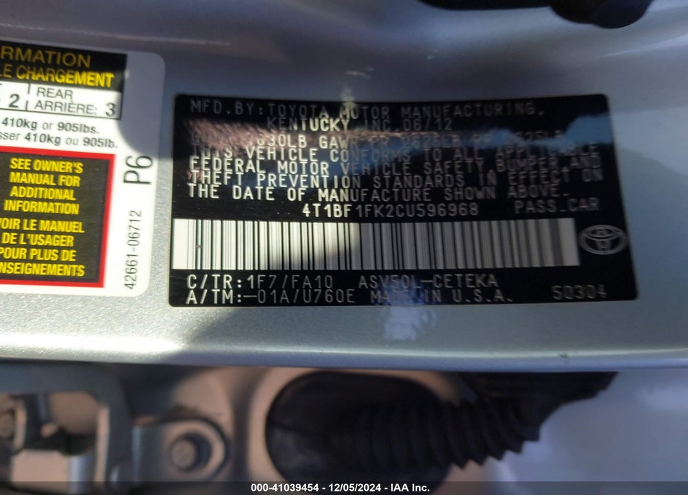 2012 TOYOTA CAMRY L VIN: 4T1BF1FK2CU596968