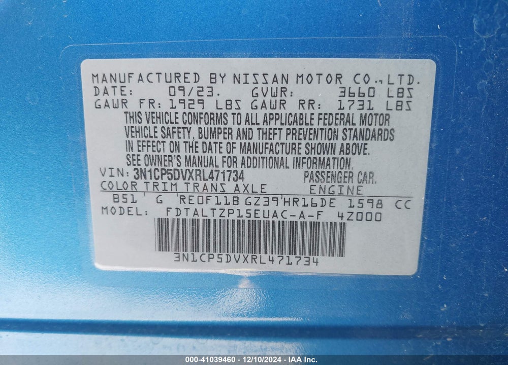 2024 NISSAN KICKS SR XTRONIC CVT VIN: 3N1CP5DVXRL471734