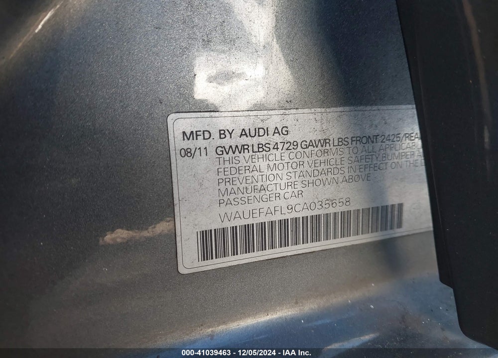 2012 AUDI A4 2.0T PREMIUM VIN: WAUEFAFL9CA035658