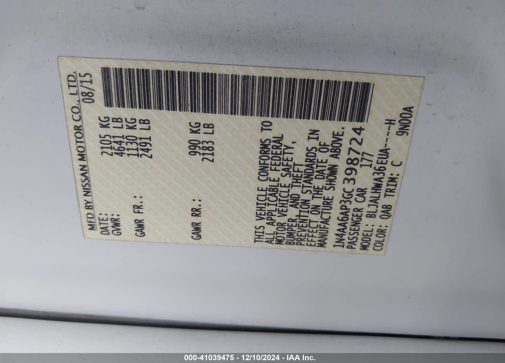 2016 NISSAN MAXIMA 3.5 PLATINUM VIN: 1N4AA6AP3GC398724