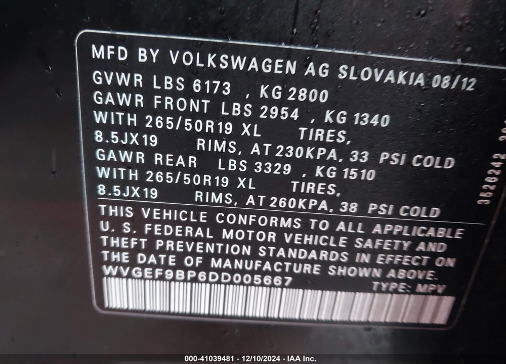 2013 VOLKSWAGEN TOUAREG VR6 LUX VIN: WVGEF9BP6DD005667