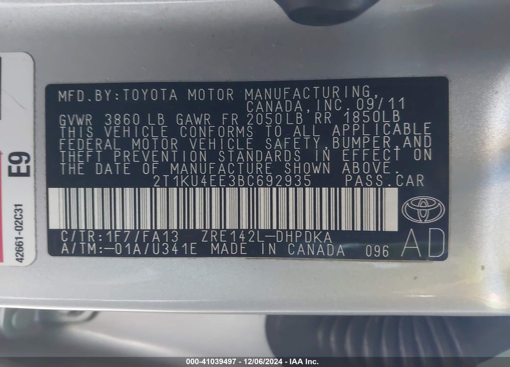 2011 TOYOTA MATRIX VIN: 2T1KU4EE3BC692935