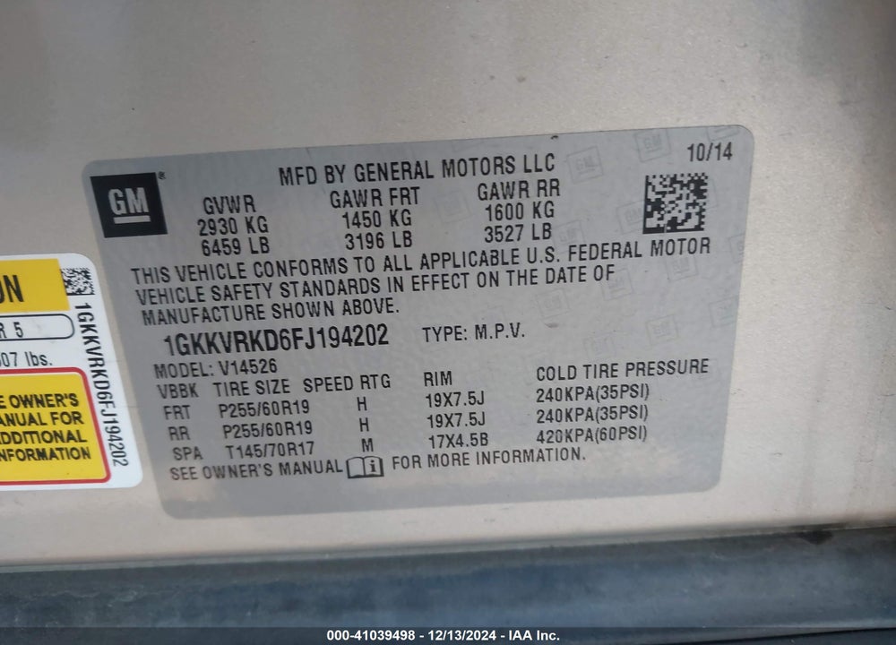 2015 GMC ACADIA SLT-1 VIN: 1GKKVRKD6FJ194202