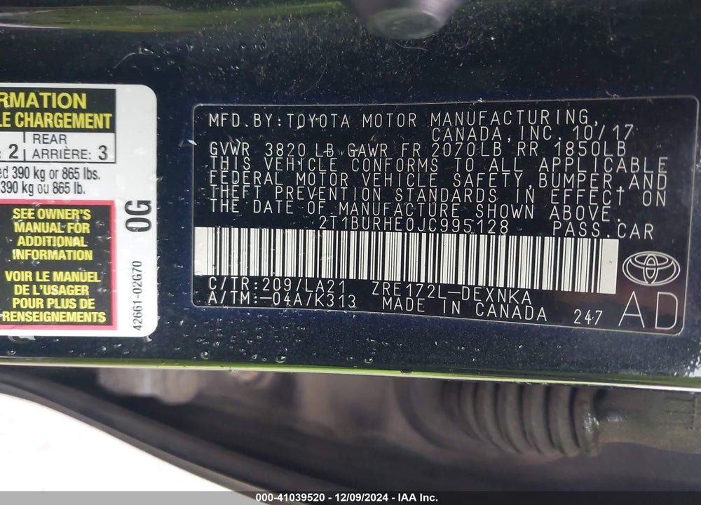 2018 TOYOTA COROLLA XLE VIN: 2T1BURHE0JC995128