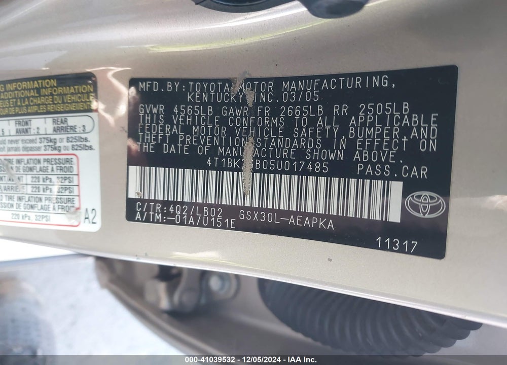 2005 TOYOTA AVALON LIMITED VIN: 4T1BK36B05U017485