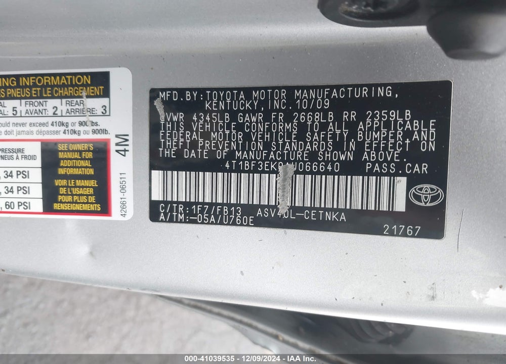 2010 TOYOTA CAMRY LE VIN: 4T1BF3EK0AU066640