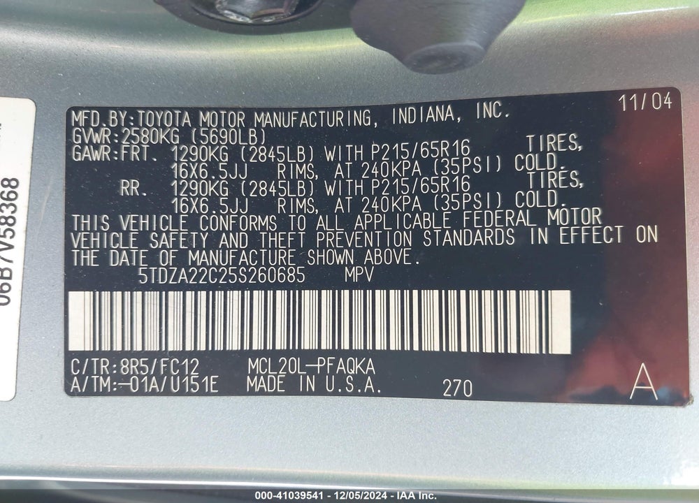 2005 TOYOTA SIENNA XLE VIN: 5TDZA22C25S260685