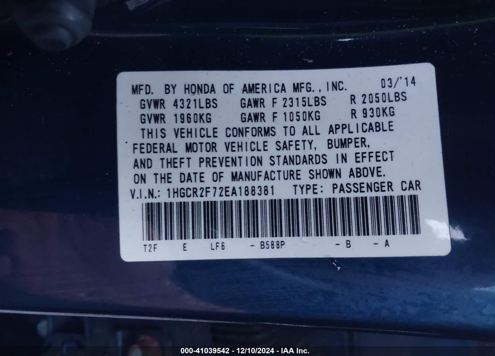 2014 HONDA ACCORD EX VIN: 1HGCR2F72EA188381