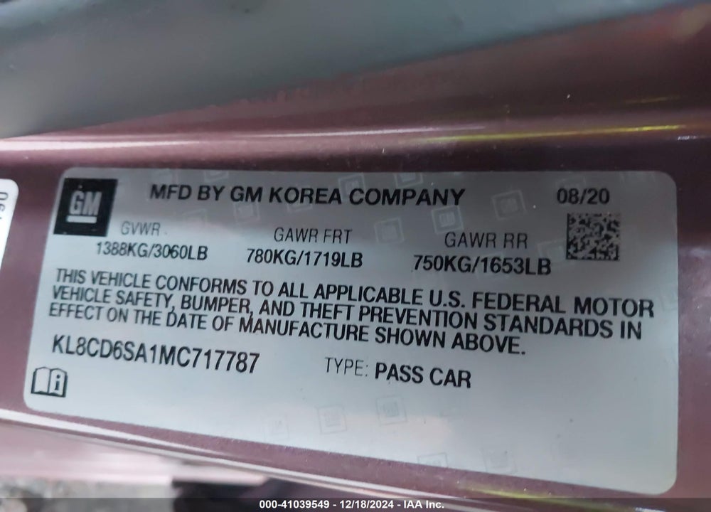 2021 CHEVROLET SPARK VIN: KL8CD6SA1MC717787