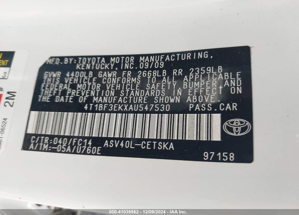 2010 TOYOTA CAMRY SE VIN: 4T1BF3EKXAU547530