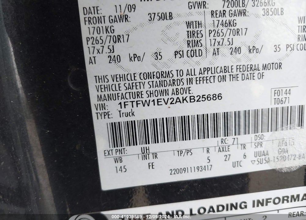 2010 FORD F-150 FX4/HARLEY-DAVIDSON/KING RANCH/LARIAT/PLATINUM/XL/XLT VIN: 1FTFW1EV2AKB25686