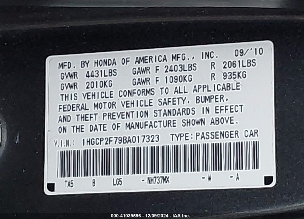 2011 HONDA ACCORD 2.4 EX VIN: 1HGCP2F79BA017323