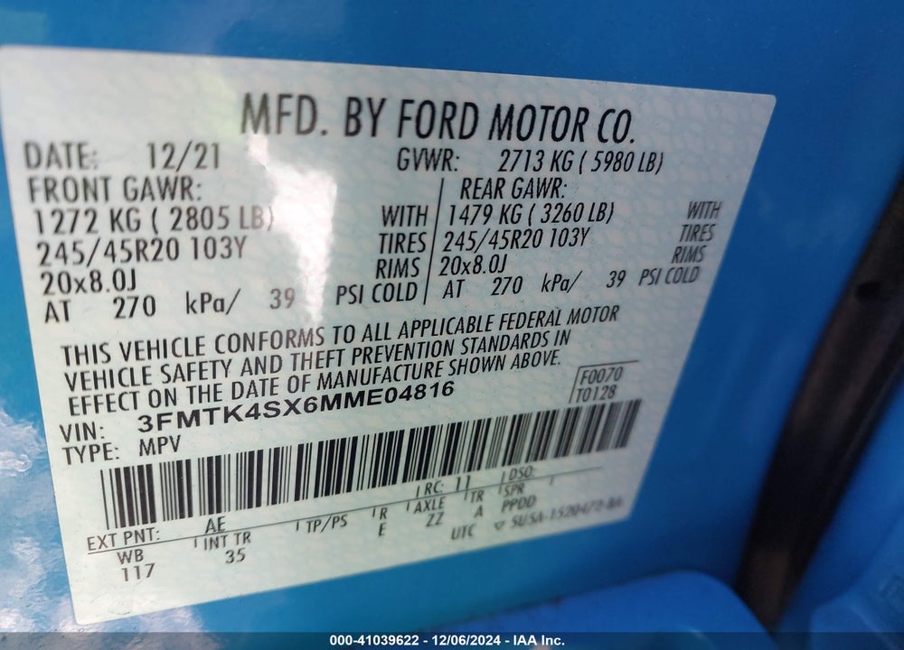 2021 FORD MUSTANG MACH-E GT VIN: 3FMTK4SX6MME04816