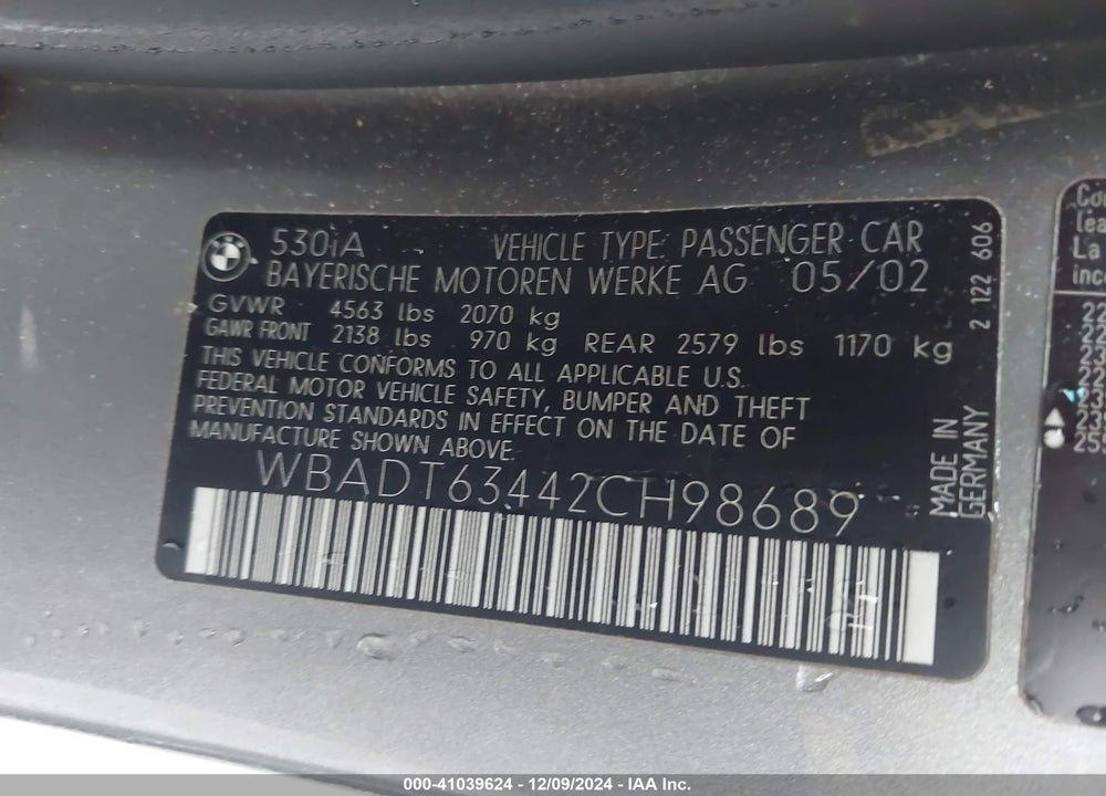 2002 BMW 530 I AUTOMATIC VIN: WBADT63442CH98689
