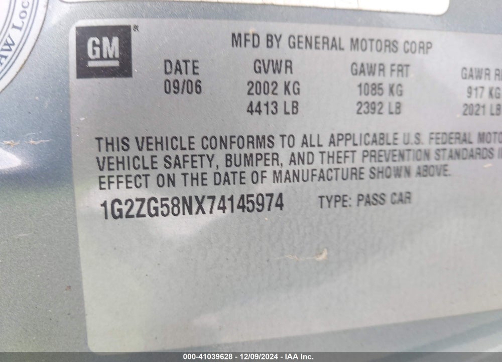 2007 PONTIAC G6 VIN: 1G2ZG58NX74145974
