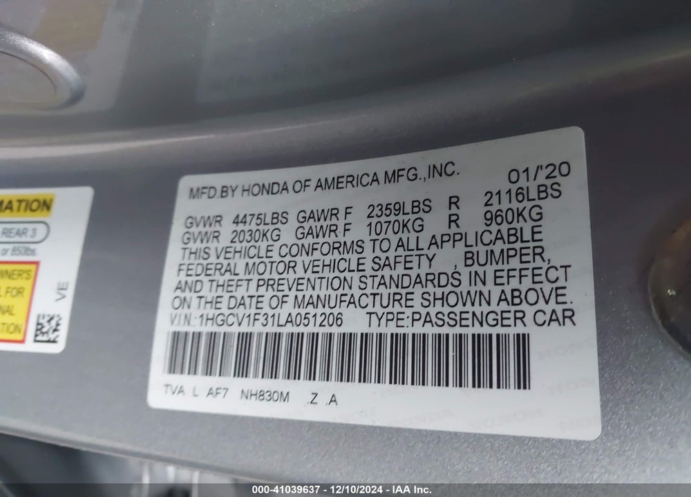 2020 HONDA ACCORD SPORT VIN: 1HGCV1F31LA051206