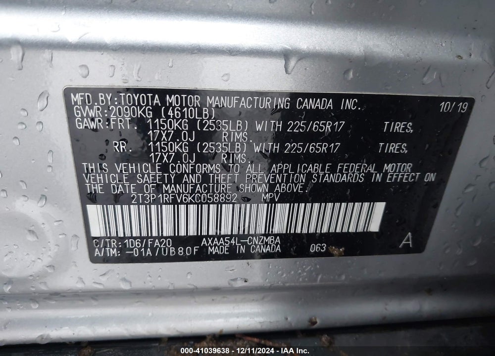 2019 TOYOTA RAV4 XLE VIN: 2T3P1RFV6KC058892