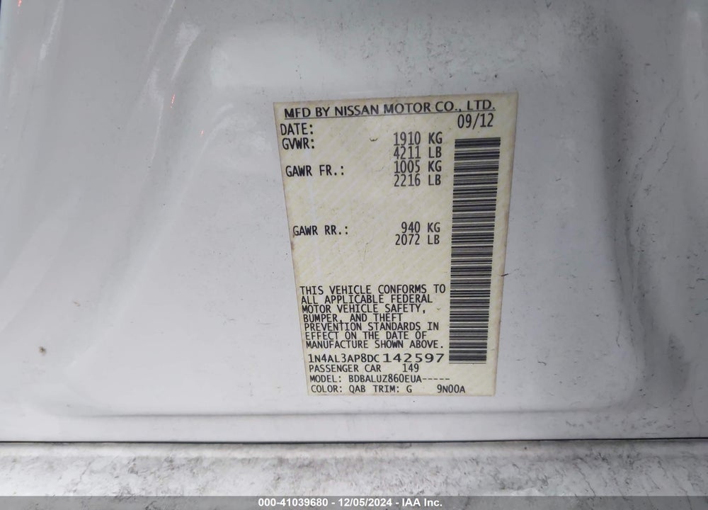 2013 NISSAN ALTIMA 2.5 SV VIN: 1N4AL3AP8DC142597