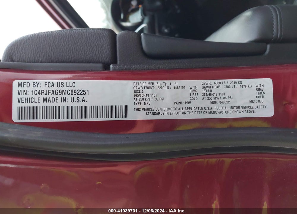 2021 JEEP GRAND CHEROKEE LAREDO E 4X4 VIN: 1C4RJFAG9MC692251
