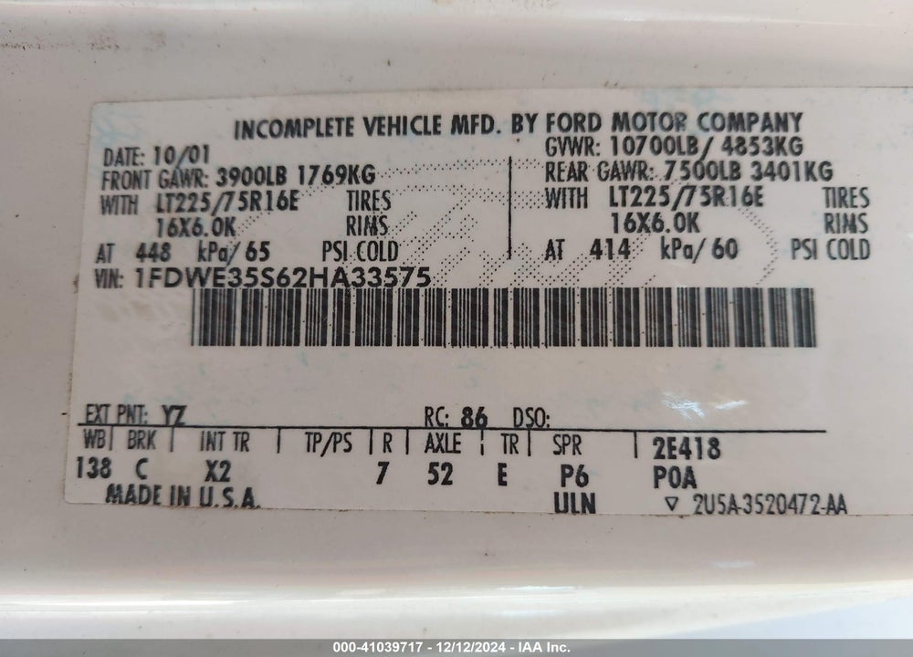 2003 FORD BUS E-350 CUTAWAY VIN: 1FDWE35S62HA33575