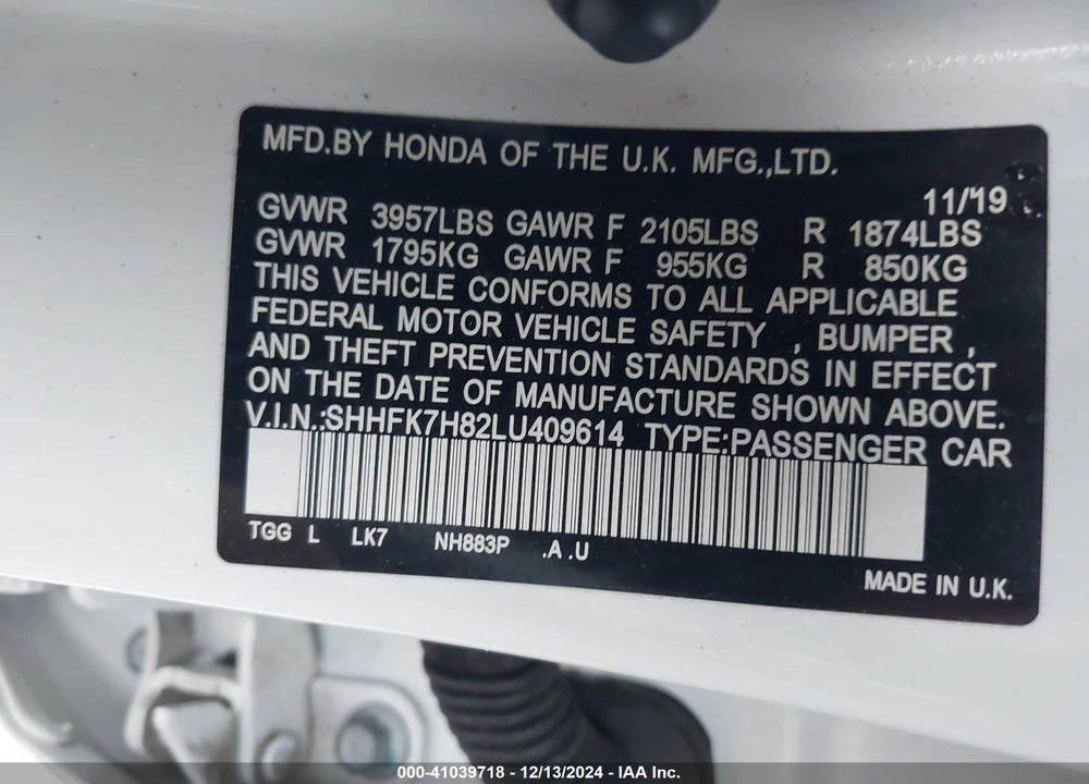2020 HONDA CIVIC EX-L VIN: SHHFK7H82LU409614
