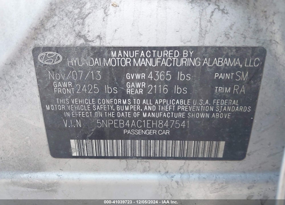 2014 HYUNDAI SONATA GLS VIN: 5NPEB4AC1EH847541