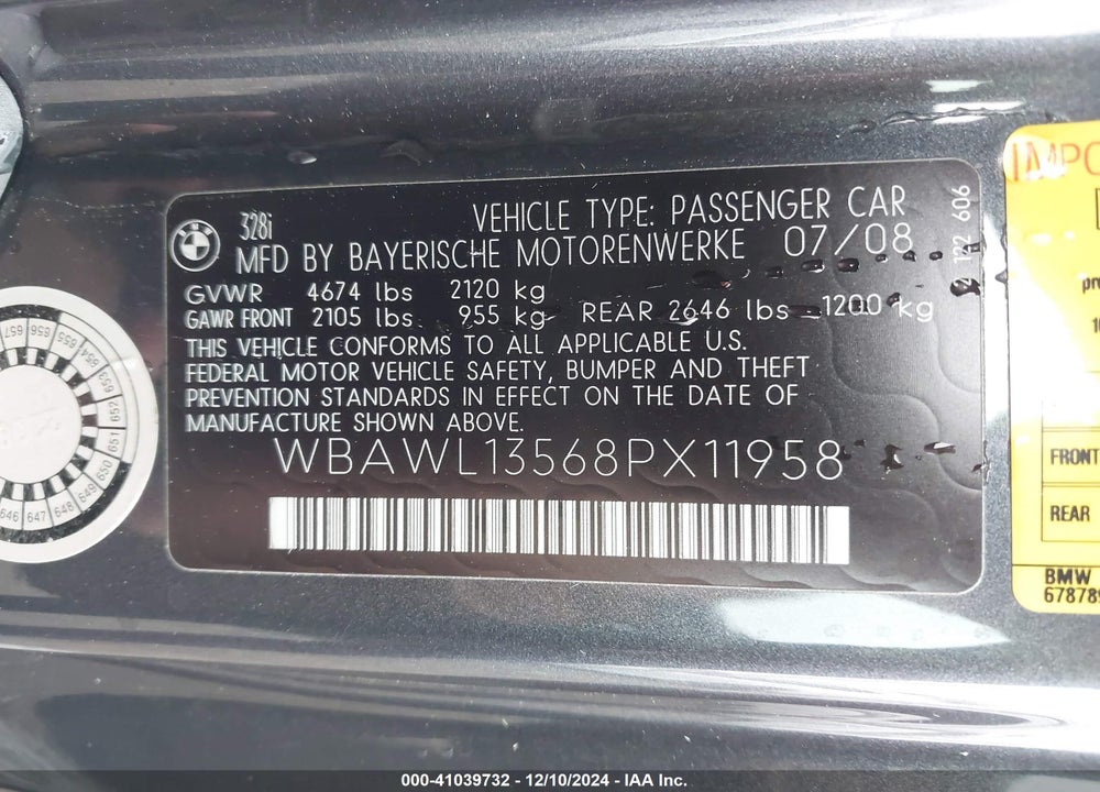 2008 BMW 328I VIN: WBAWL13568PX11958