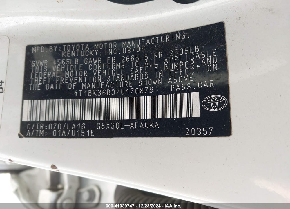 2007 TOYOTA AVALON XLS VIN: 4T1BK36B37U170879