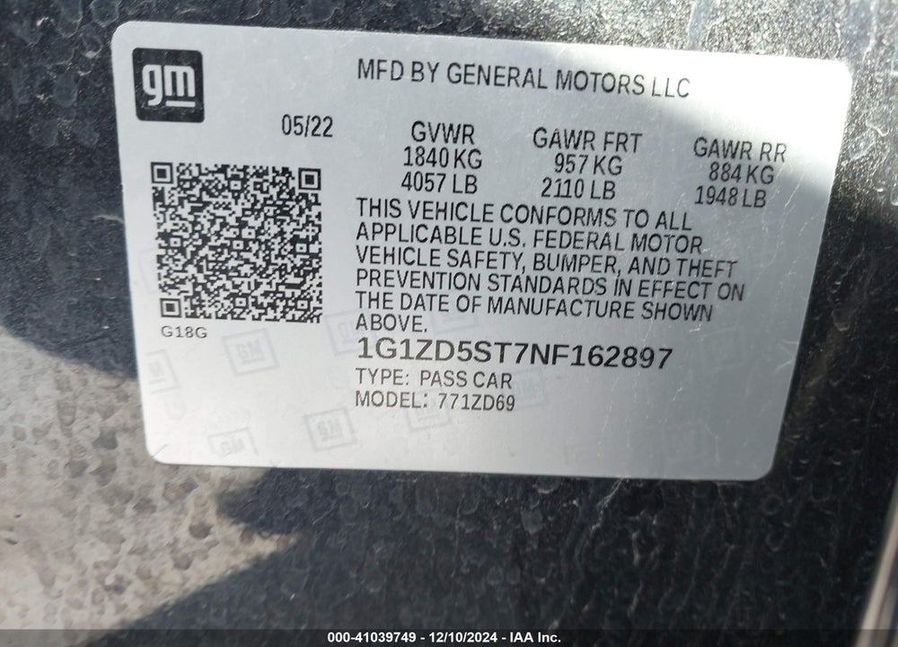 2022 CHEVROLET MALIBU VIN: 1G1ZD5ST7NF162897