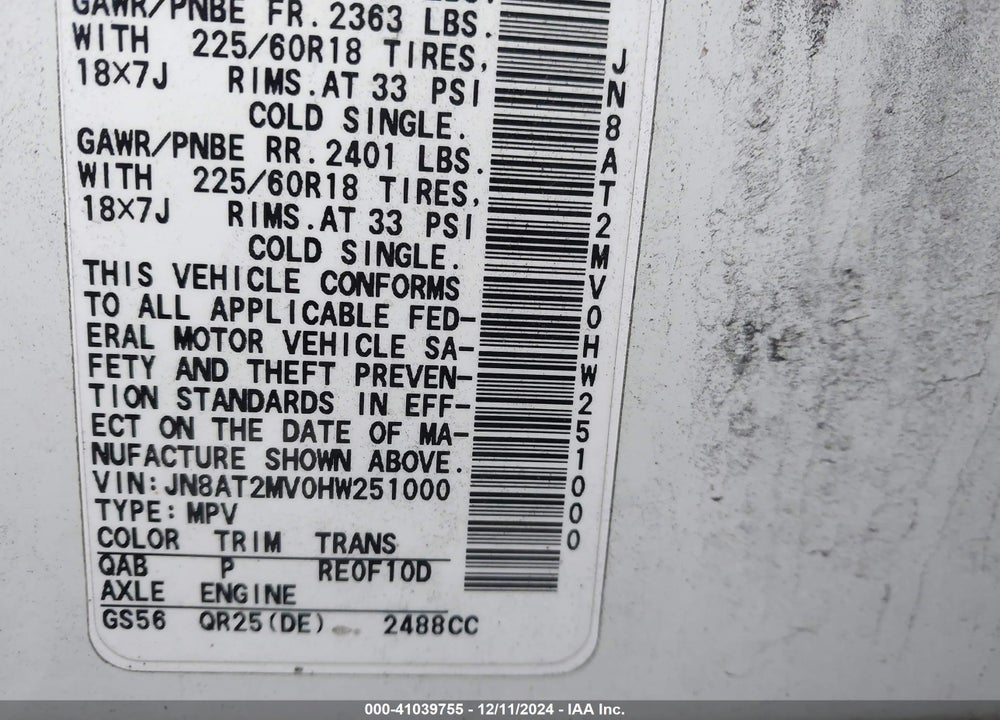 2017 NISSAN ROGUE SL VIN: JN8AT2MV0HW251000