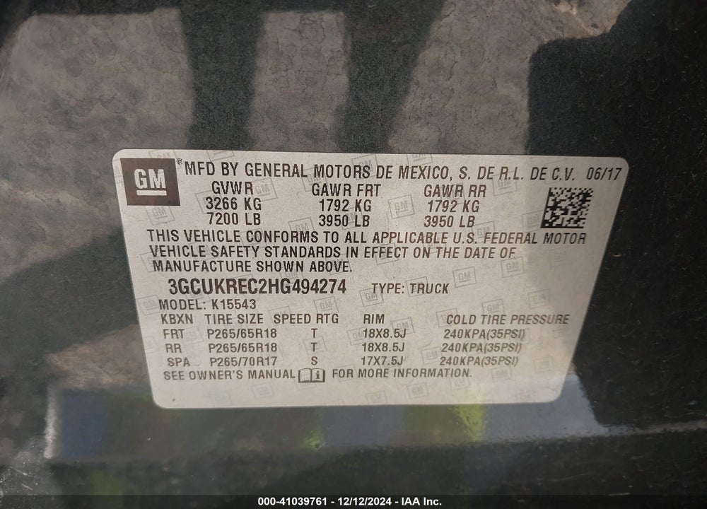 2017 CHEVROLET SILVERADO 1500 2LT VIN: 3GCUKREC2HG494274