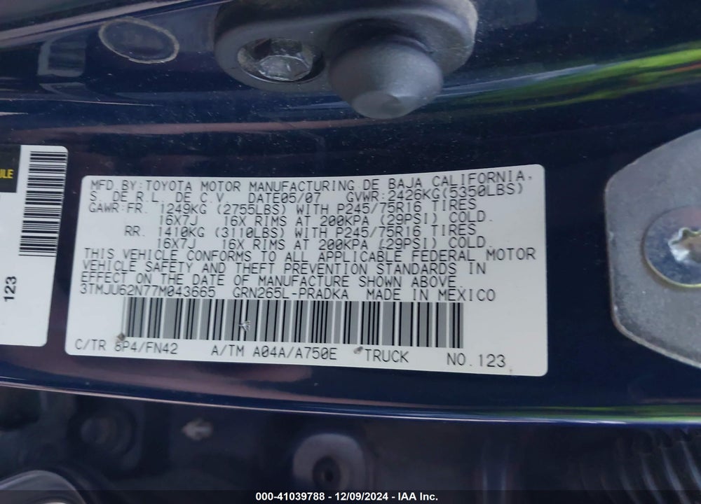 2007 TOYOTA TACOMA PRERUNNER V6 VIN: 3TMJU62N77M043665
