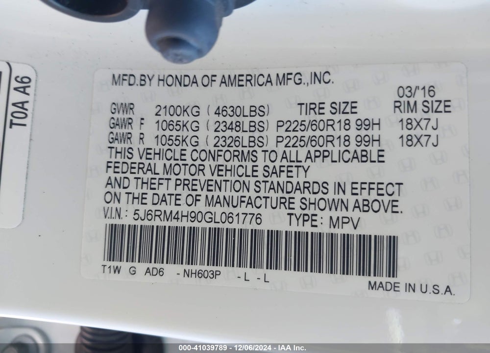 2016 HONDA CR-V TOURING VIN: 5J6RM4H90GL061776
