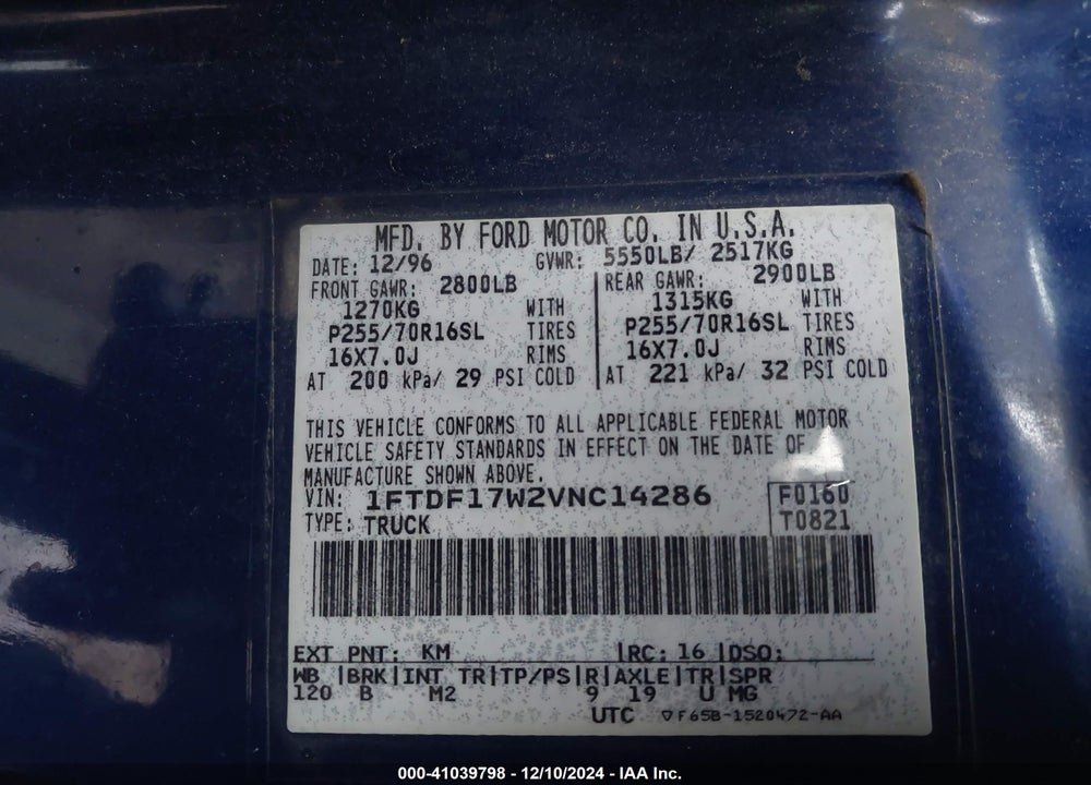 1997 FORD F-150 LARIAT/STANDARD/XL/XLT VIN: 1FTDF17W2VNC14286