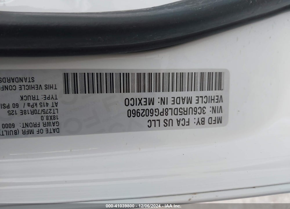 2023 RAM 2500 BIG HORN 4X4 6'4 BOX VIN: 3C6UR5DL8PG602960