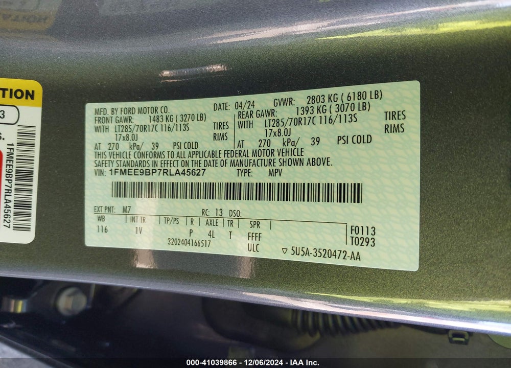 2024 FORD BRONCO BADLANDS VIN: 1FMEE9BP7RLA45627