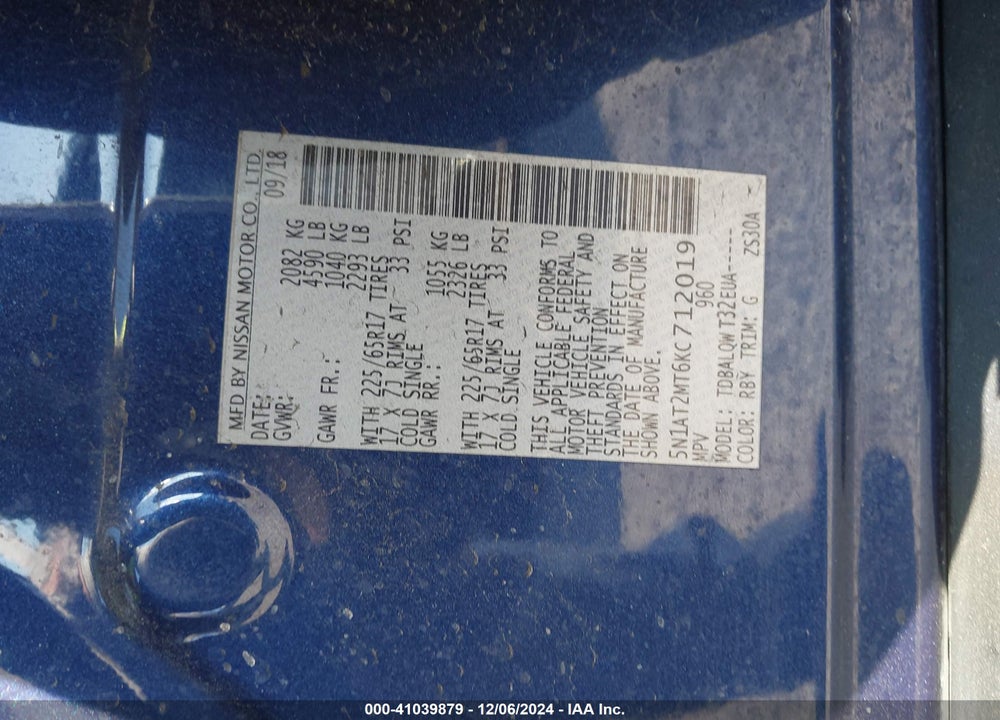 2019 NISSAN ROGUE SV VIN: 5N1AT2MT6KC712019