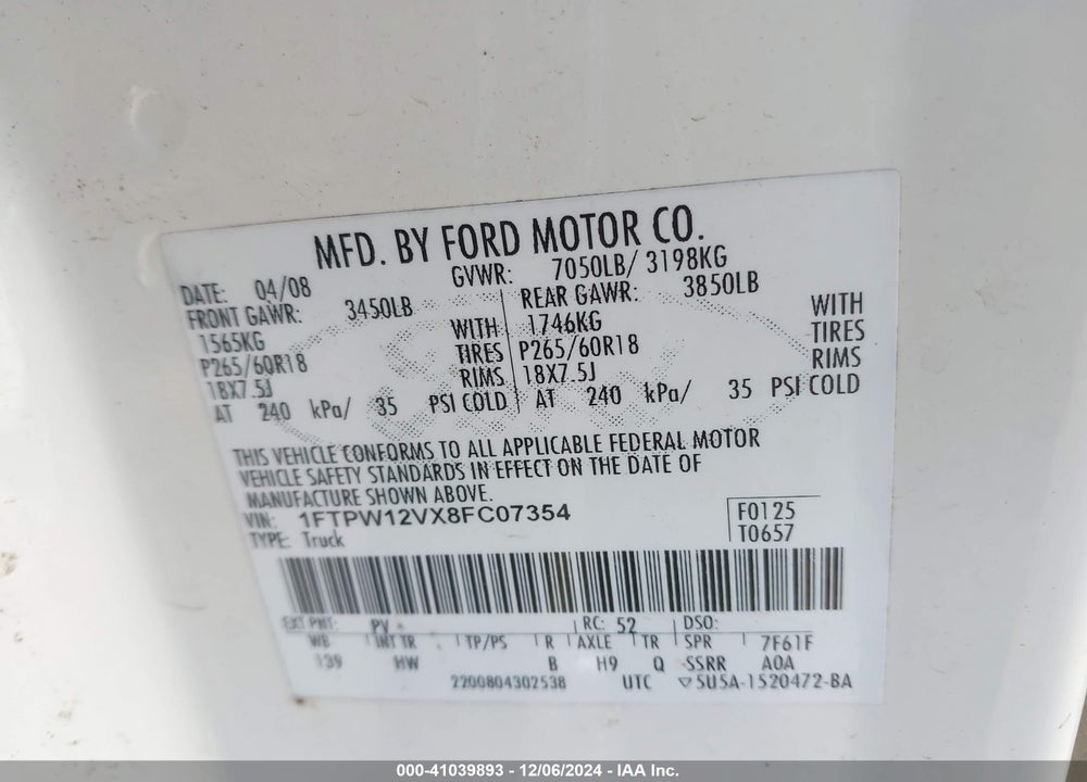 2008 FORD F-150 60TH ANNIVERSARY/FX2/KING RANCH/LARIAT/XLT VIN: 1FTPW12VX8FC07354