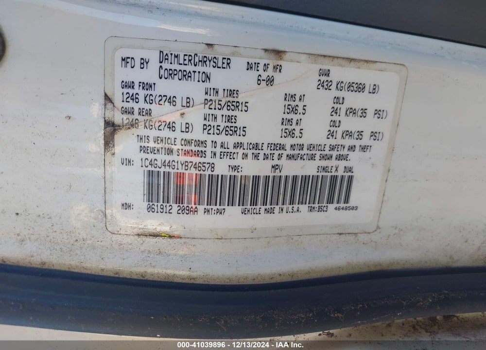 2000 CHRYSLER GRAND VOYAGER SE VIN: 1C4GJ44G1YB746578