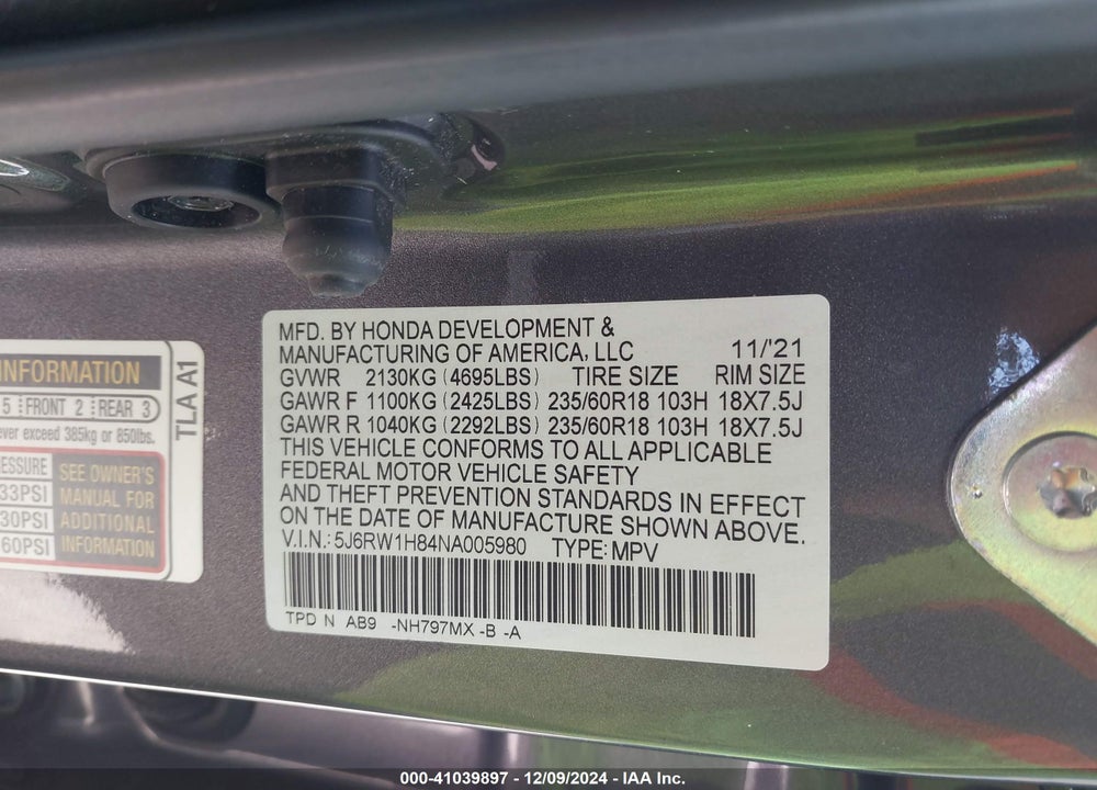 2022 HONDA CR-V 2WD EX-L VIN: 5J6RW1H84NA005980