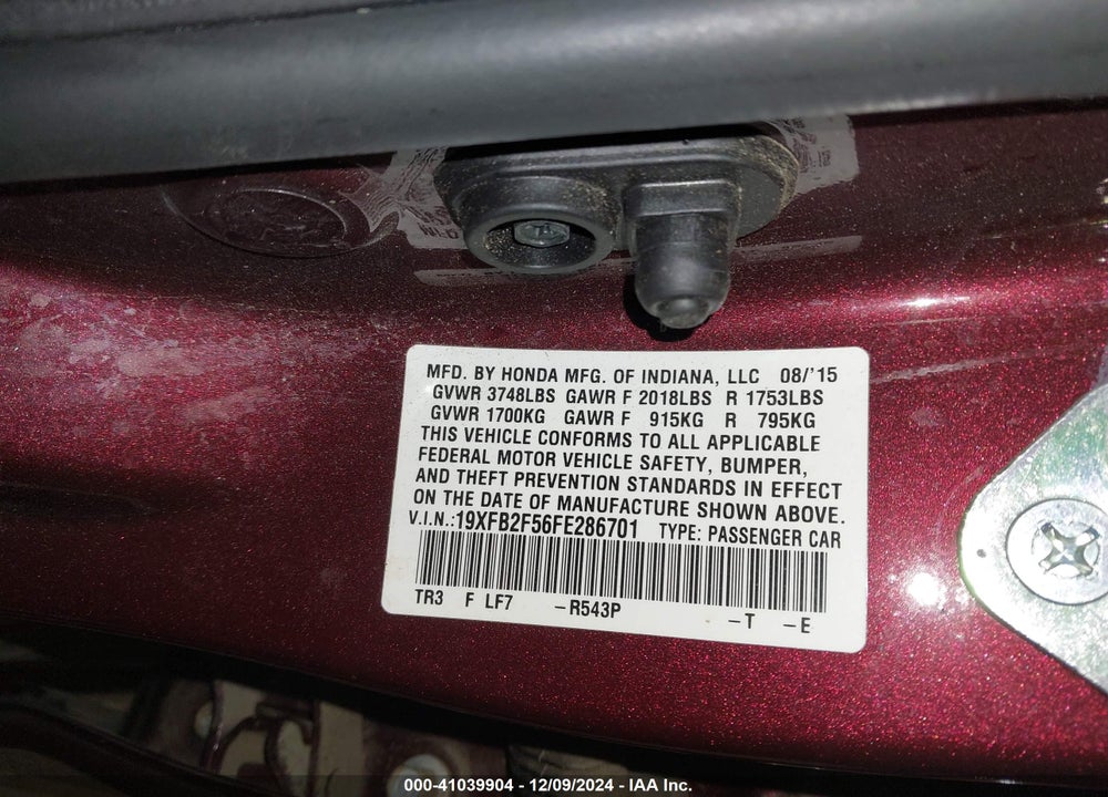 2015 HONDA CIVIC LX VIN: 19XFB2F56FE286701