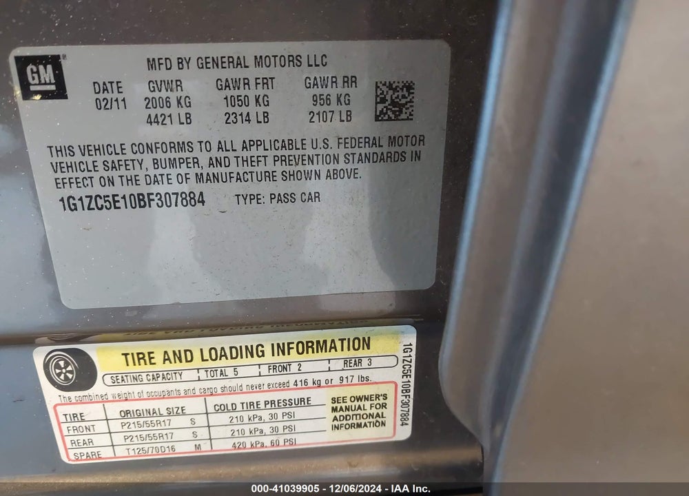2011 CHEVROLET MALIBU 1LT VIN: 1G1ZC5E10BF307884