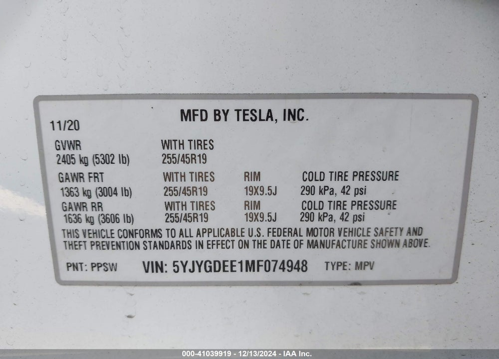 2021 TESLA MODEL Y LONG RANGE DUAL MOTOR ALL-WHEEL DRIVE VIN: 5YJYGDEE1MF074948