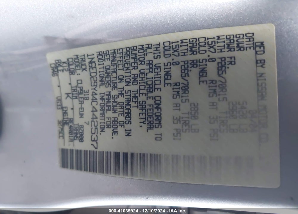 2004 NISSAN FRONTIER XE-V6 VIN: 1N6ED29Y44C442537