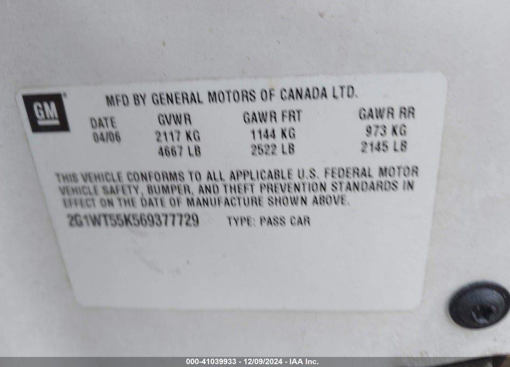 2006 CHEVROLET IMPALA LT VIN: 2G1WT55K569377729
