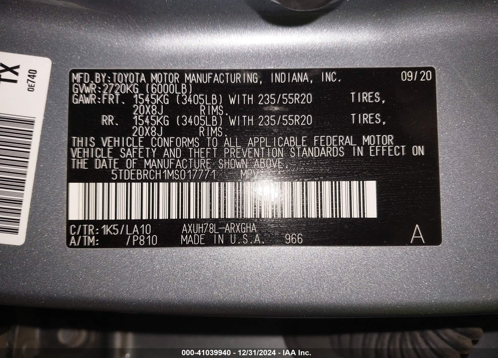 2021 TOYOTA HIGHLANDER HYBRID PLATINUM VIN: 5TDEBRCH1MS017771