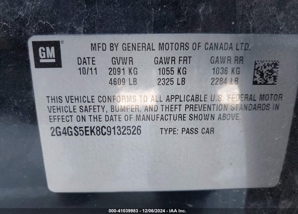2012 BUICK REGAL VIN: 2G4GS5EK8C9132526